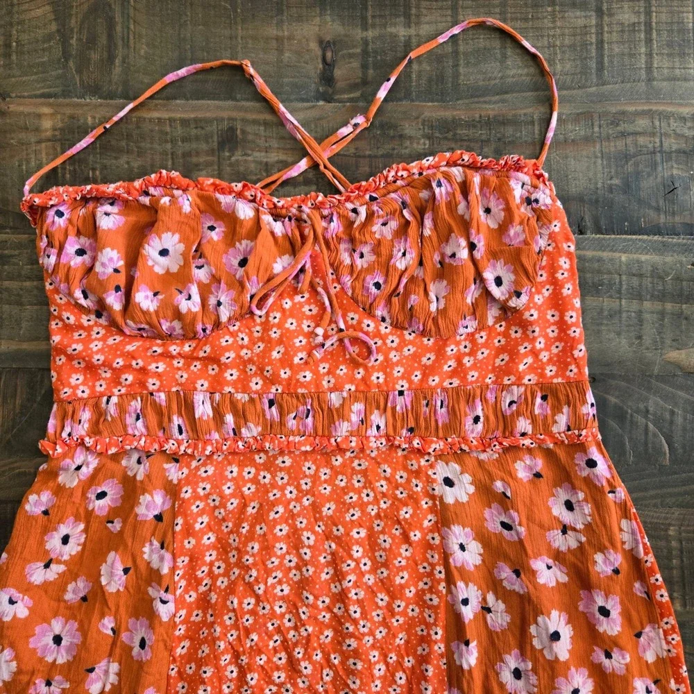 Free People Orange Floral Mixed Print Midi Dress XL, Boho‎ Cottagecore